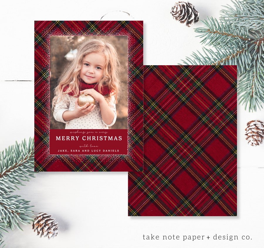 Elegant Sprinkle Overlay Plaid Christmas Card Duo Template for Canva - TNPC146