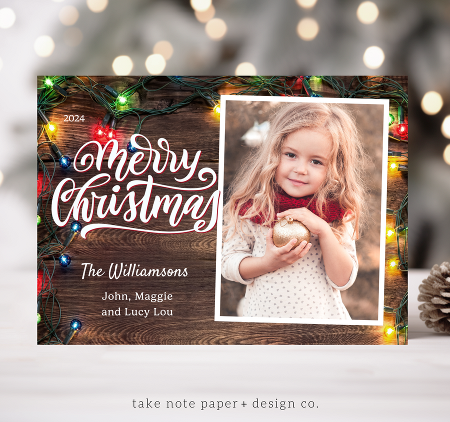 Rustic Christmas Lights Casual Christmas Card Duo Template - TNPC147