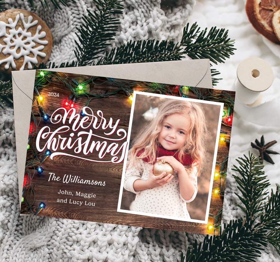 Rustic Christmas Lights Casual Christmas Card Duo Template - TNPC147