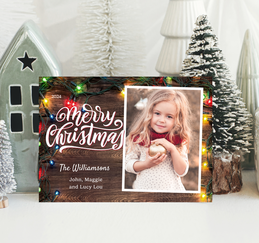 Rustic Christmas Lights Casual Christmas Card Duo Template - TNPC147