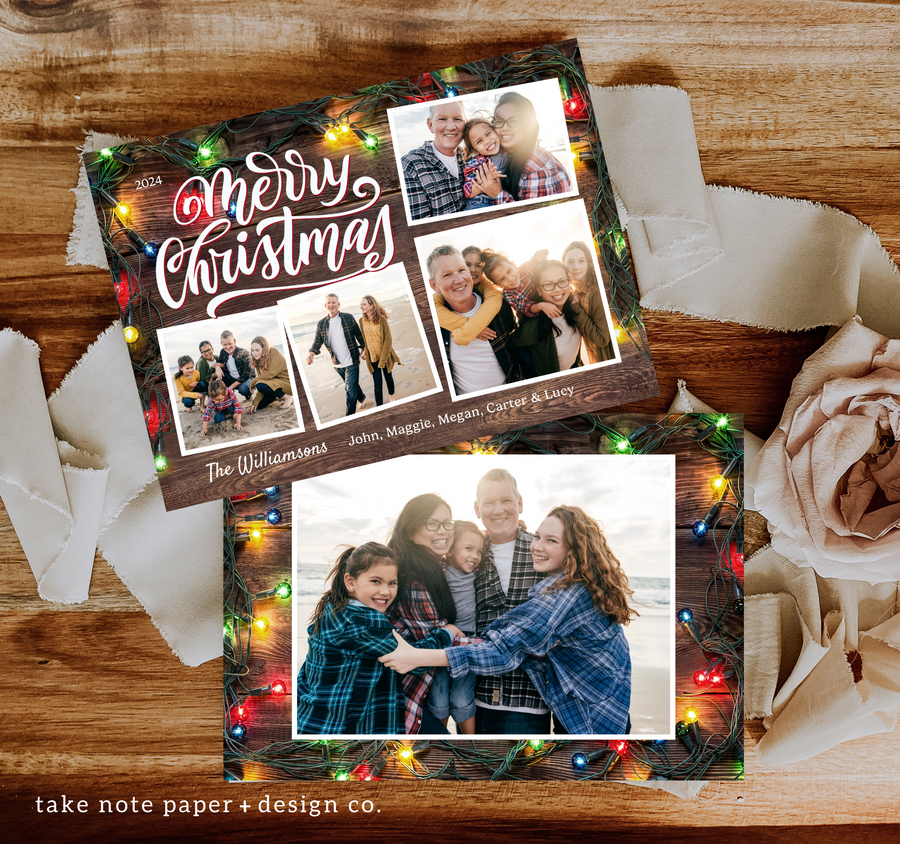 Rustic Christmas Lights Casual Christmas Card Duo Template - TNPC147