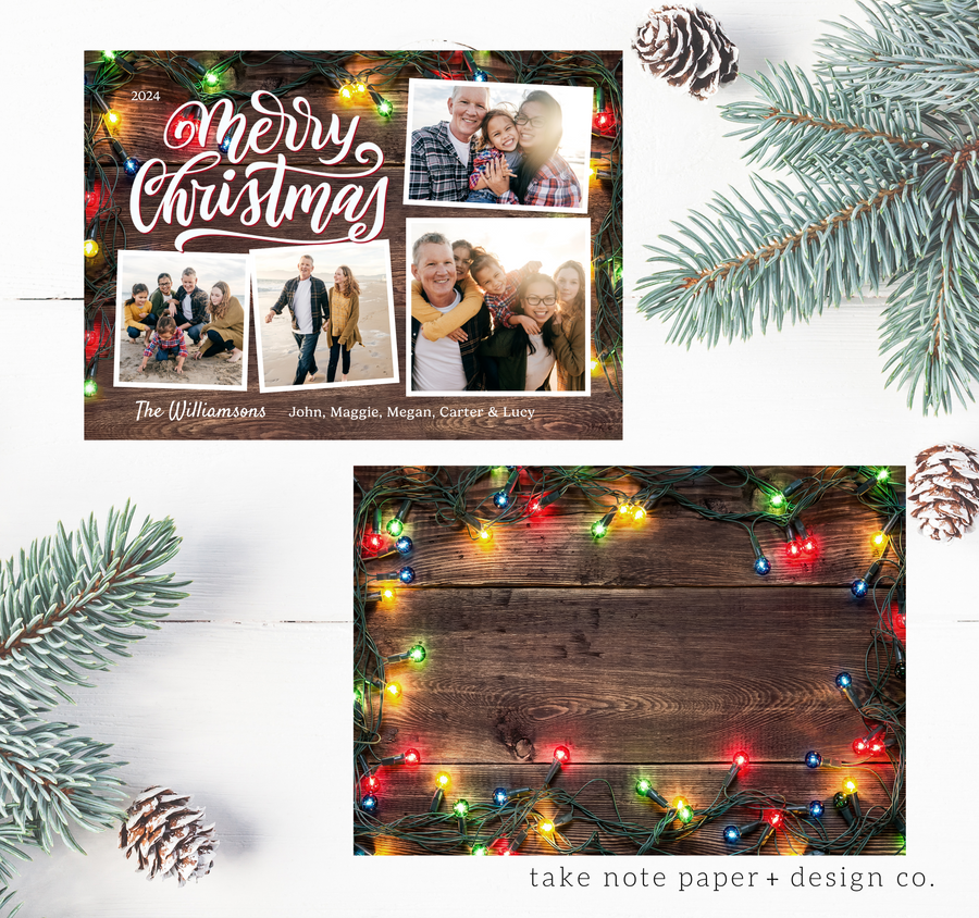 Rustic Christmas Lights Casual Christmas Card Duo Template - TNPC147