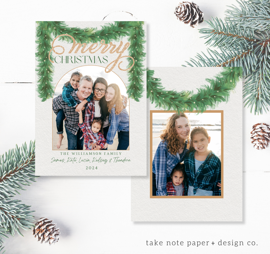 Watercolor Garland Arch Christmas Card Template for Canva - TNPC151