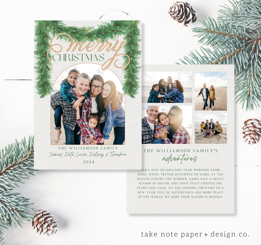 Watercolor Garland Arch Christmas Card Template for Canva - TNPC151