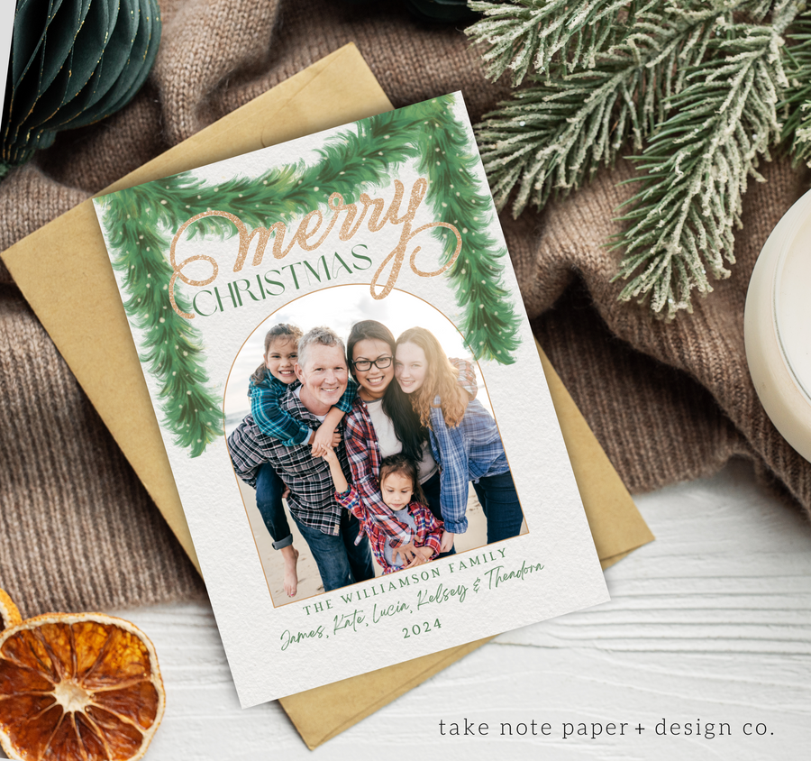 Watercolor Garland Arch Christmas Card Template for Canva - TNPC151