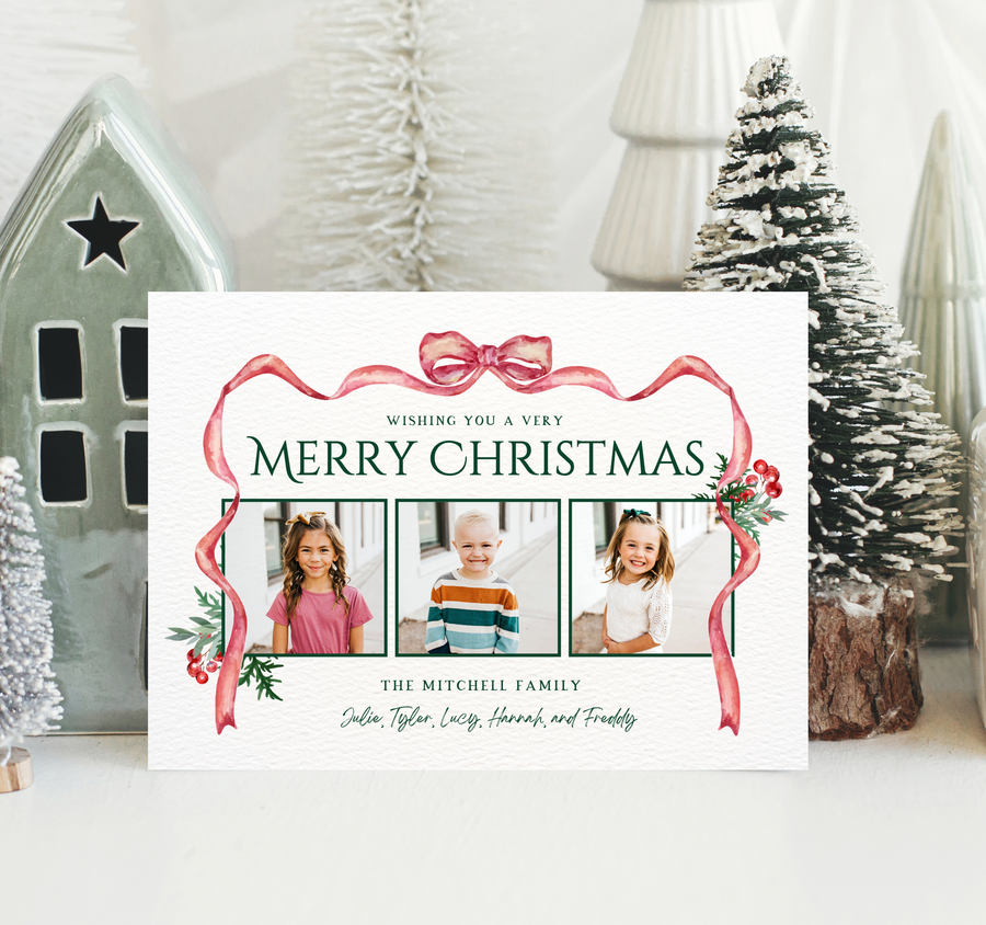 Watercolor Bow Trio Christmas Card Template - TNPC156