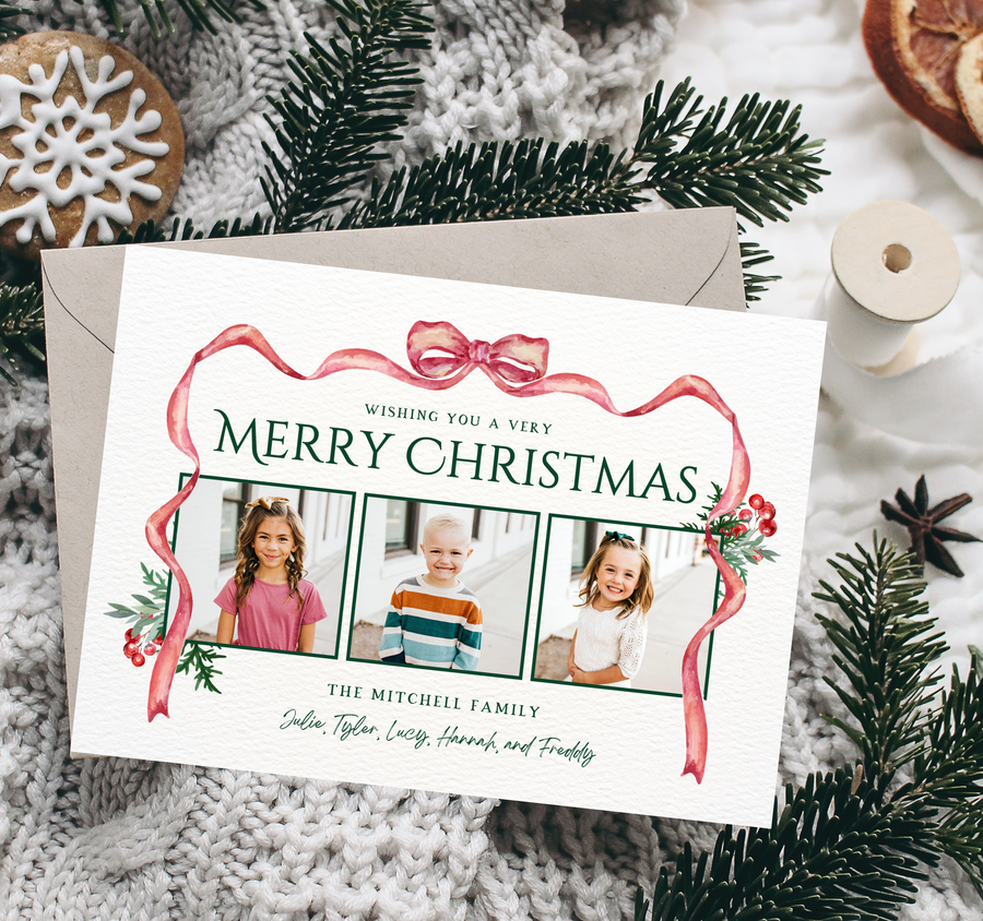 Watercolor Bow Trio Christmas Card Template - TNPC156