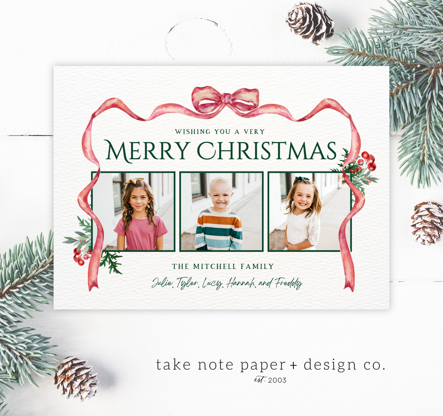 Watercolor Bow Trio Christmas Card Template - TNPC156