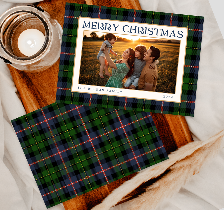 Navy Christmas Plaid Traditional Holiday Card Template for Canva - TNPC161