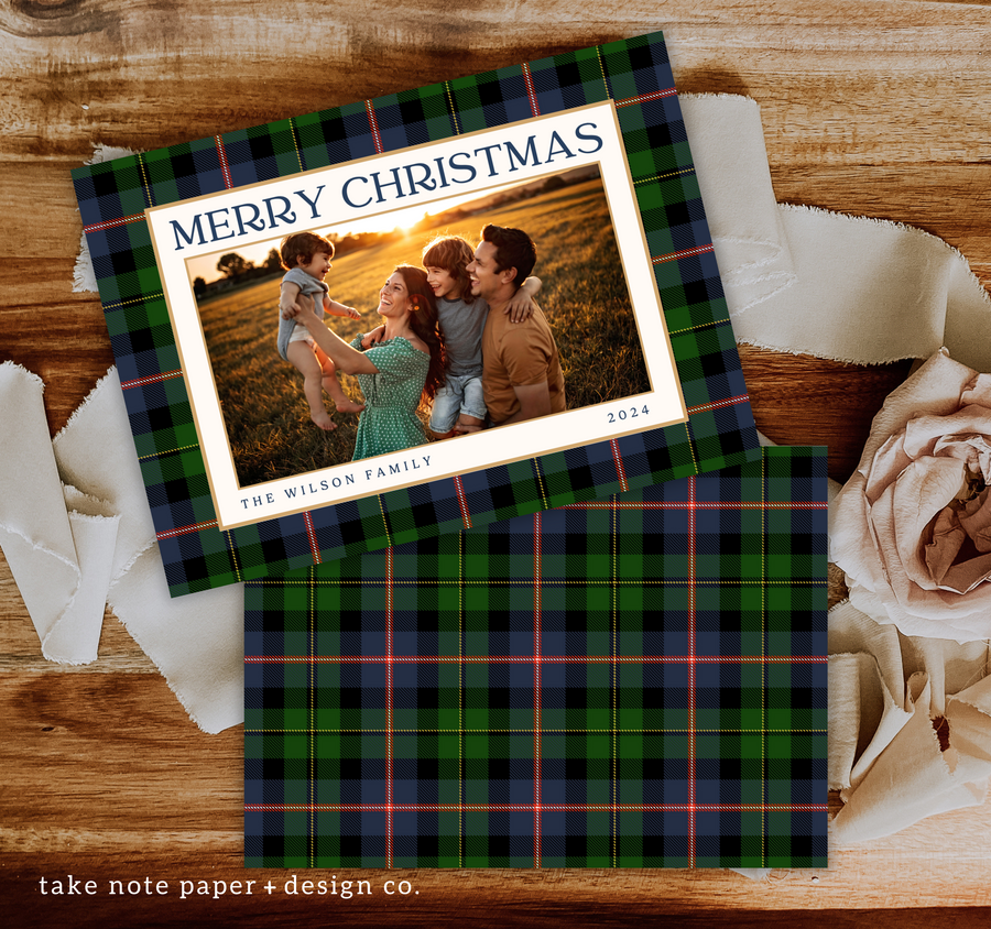 Navy Christmas Plaid Traditional Holiday Card Template for Canva - TNPC161