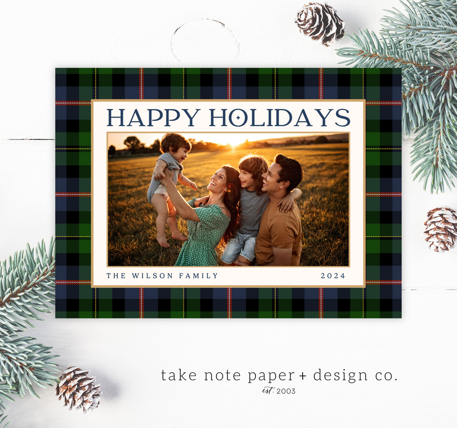 Navy Christmas Plaid Traditional Holiday Card Template for Canva - TNPC161