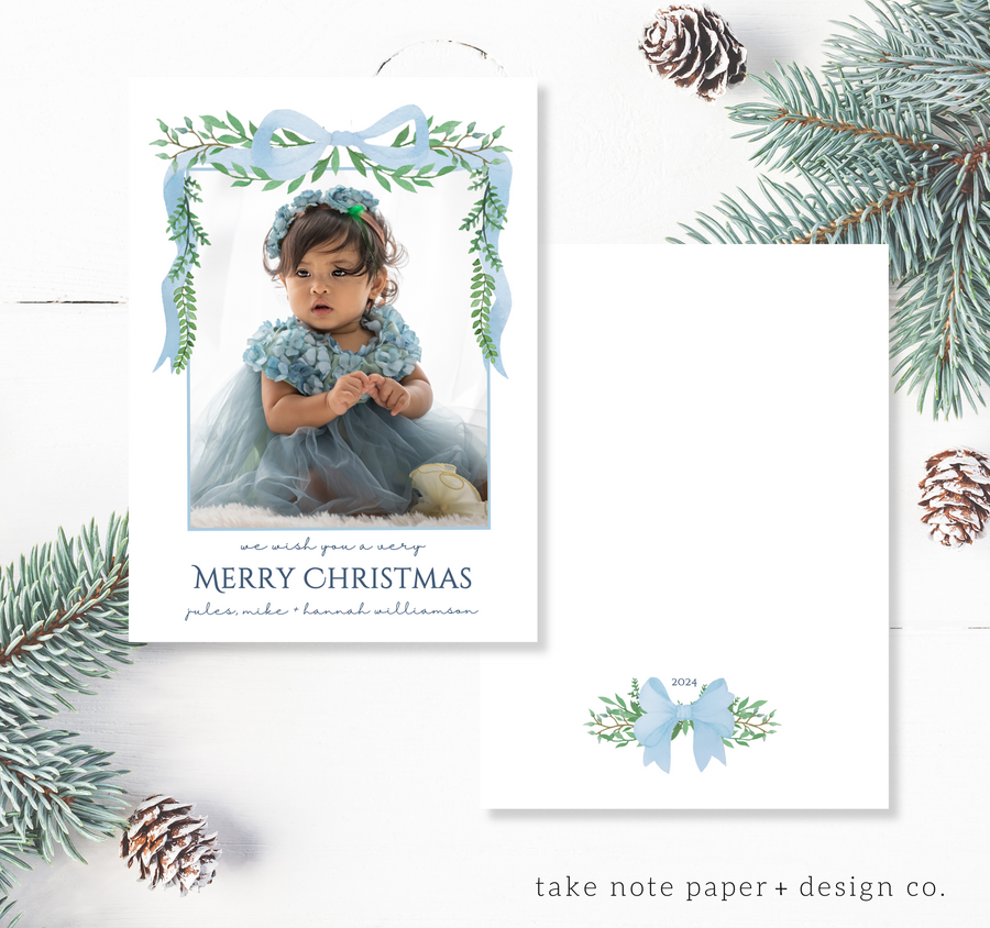 Watercolor Preppy Bow Christmas Card Template - TNPC164