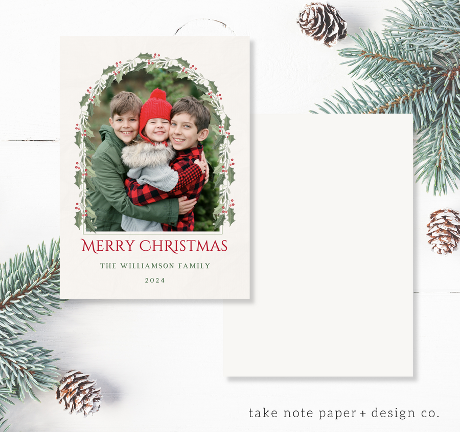 Holly Watercolor Frame Christmas Card Template - TNPC166