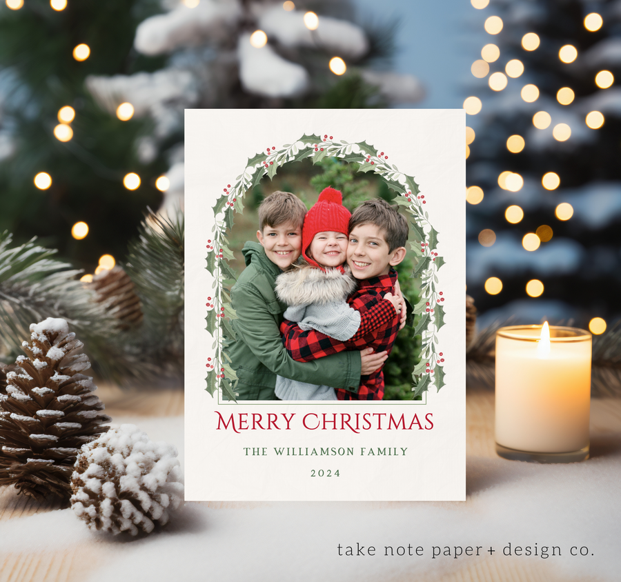 Holly Watercolor Frame Christmas Card Template - TNPC166