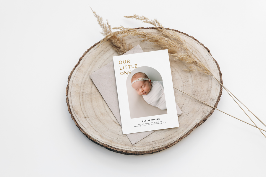 Birth Announcement Card with Arch Photo Frame Template for Canva - NG35