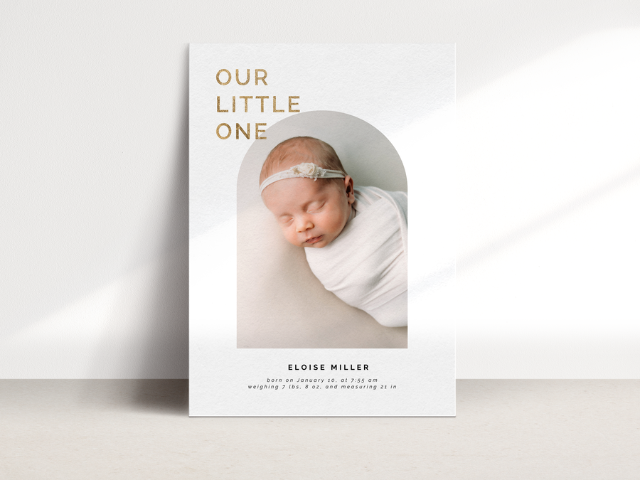 Birth Announcement Card with Arch Photo Frame Template for Canva - NG35