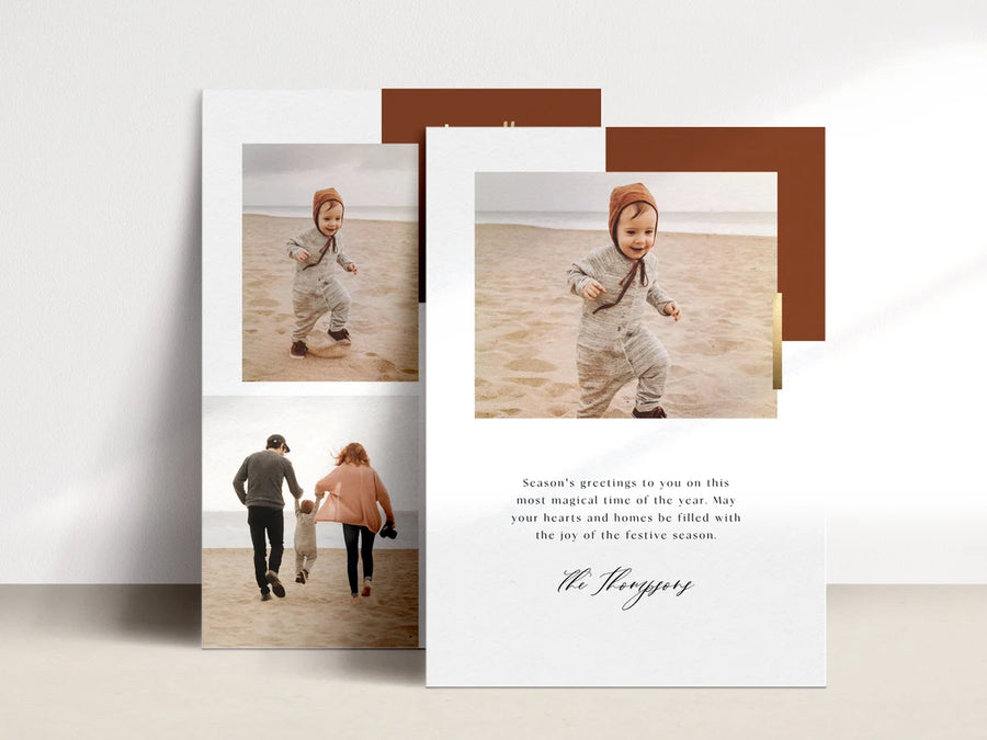 Digital Photo Collage Christmas Card Template Terracotta and Gold Foil for Canva - NG05