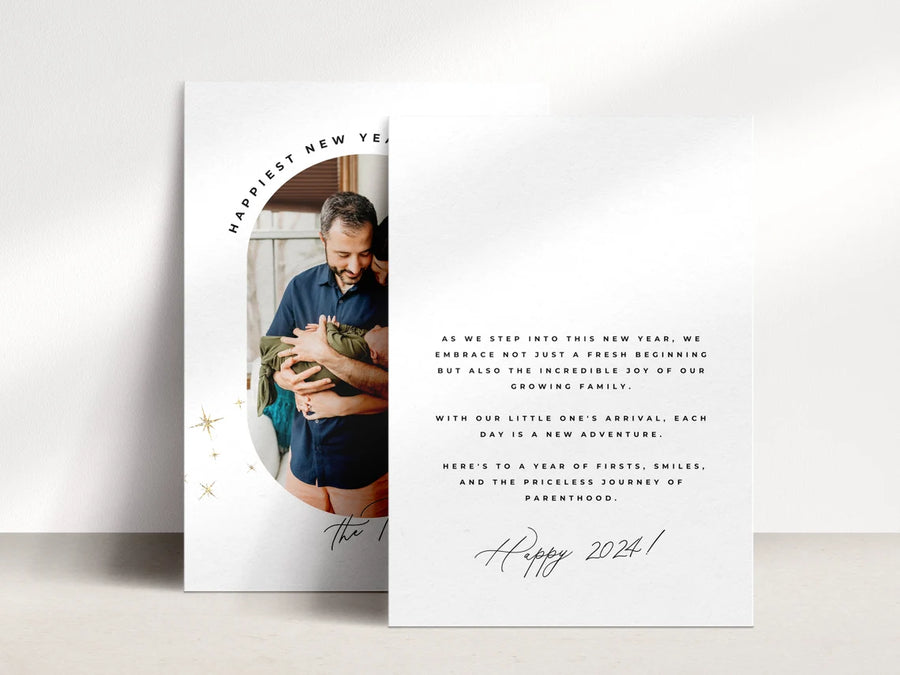 New Year Photo Family Card with Gold Stars Template for Canva - NG33