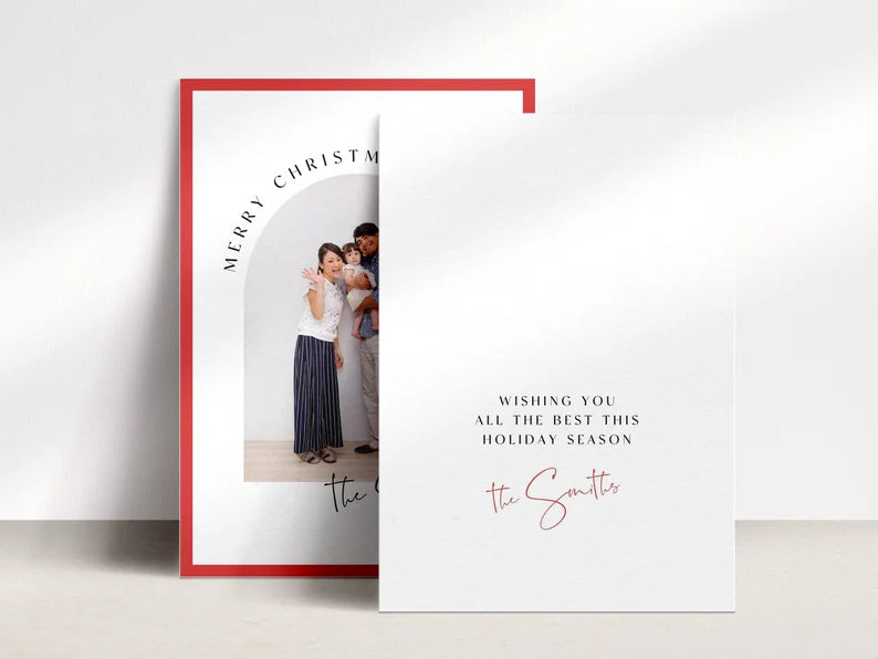 Classic Red Border Arch Photo Christmas Card Template for Canva - NG26