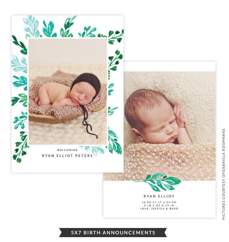 5x7 Birth Announcement | Green Brush