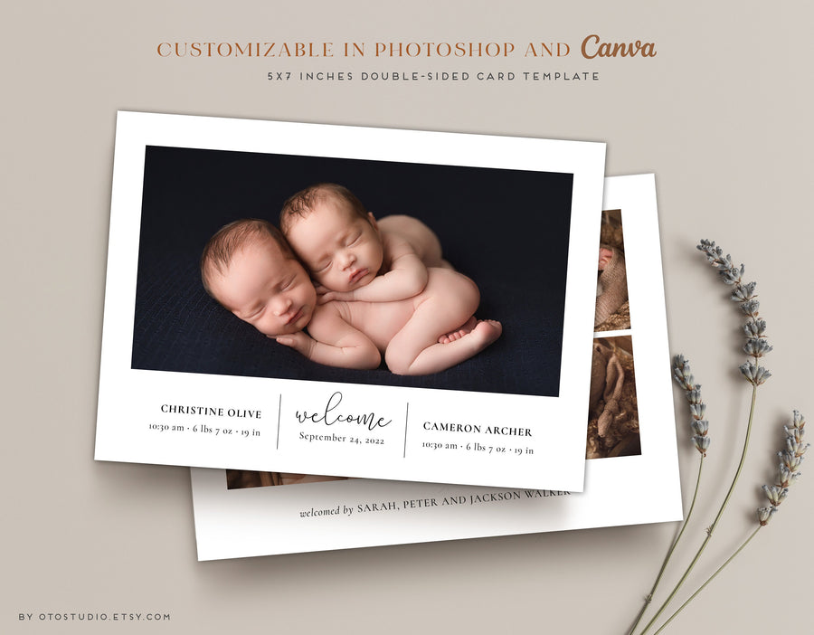 Birth Announcement Twin Baby Newborn - 5x7 Card - os09